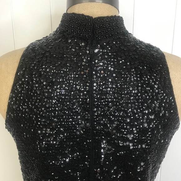 Black Sequin Beaded Tank High Neck Top with Full Zipper Closure - Picture 8 of 10